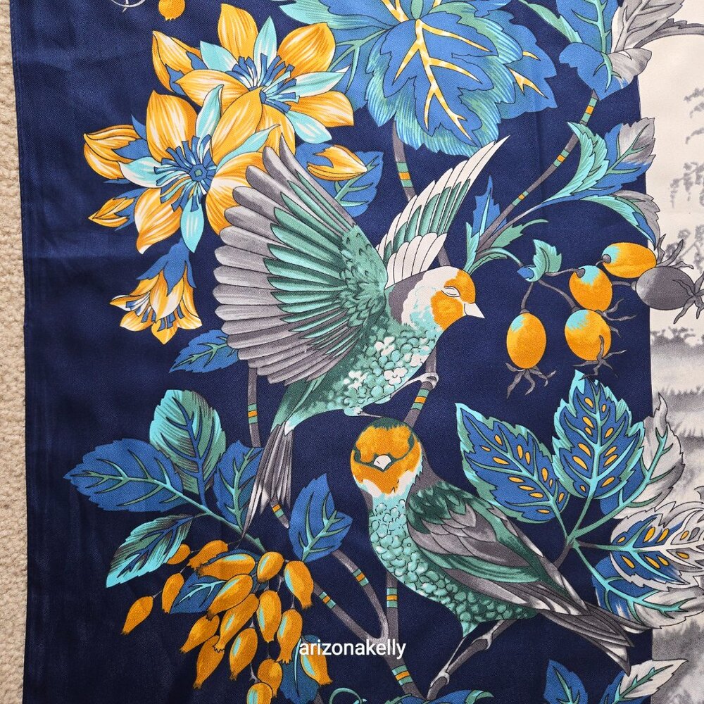 HUGE Silk Wrap Scarf Birds Blue Yellow - Picture 3 of 13
